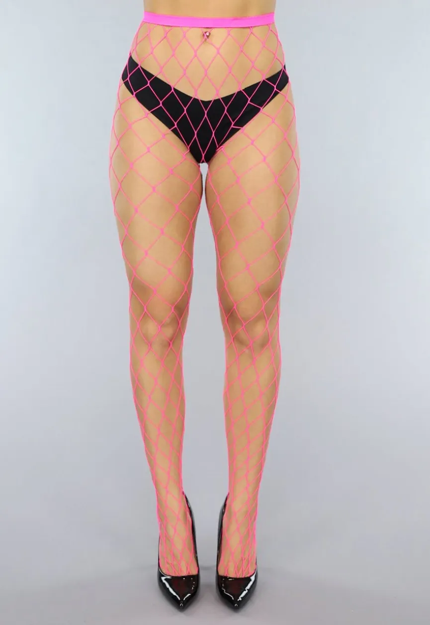 Neon Roze Panty met Extra Grote Fishnet