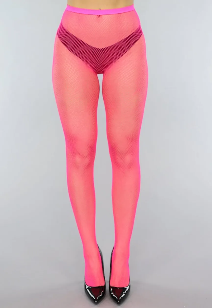 Neon Roze Panty met Klein Fishnet Patroon