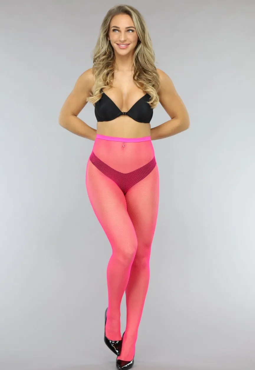 Neon Roze Panty met Klein Fishnet Patroon