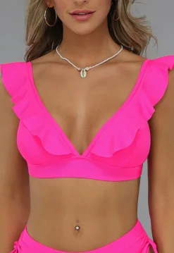 Neon Roze Ruffle Bikini Top met Uitneembare Pads