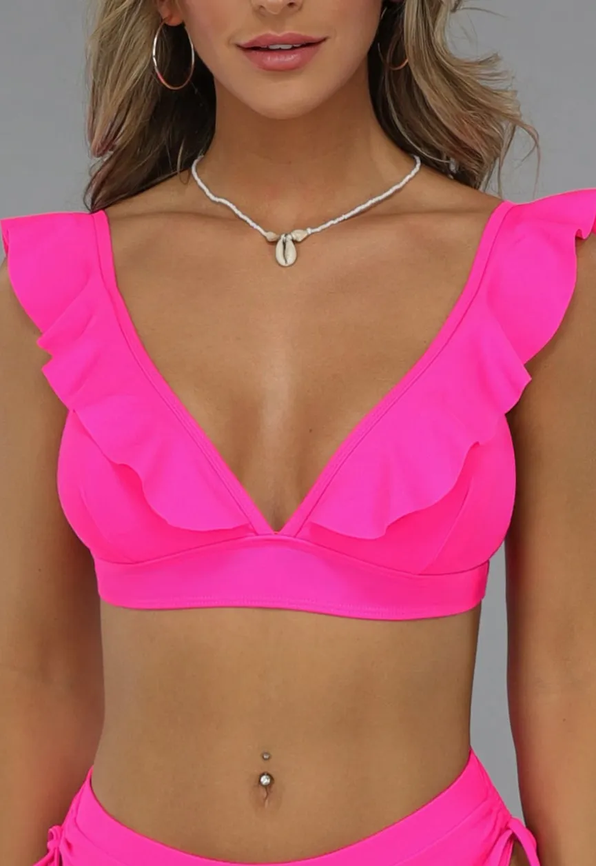 Neon Roze Ruffle Bikini Top met Uitneembare Pads