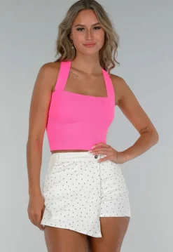 Neon Roze Strakke Top met Strappy Rug Detail