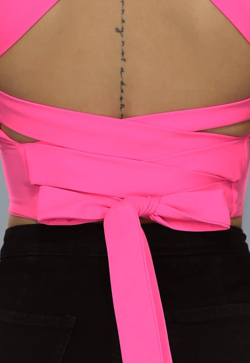 Neon Roze Strakke Top met Strappy Rug Detail