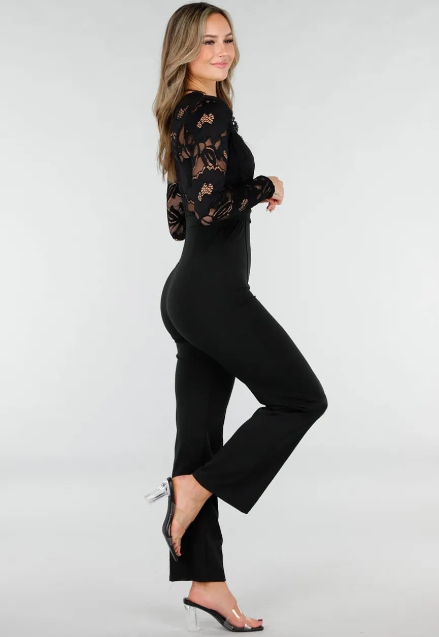 Nette Zwarte Jumpsuit met Kant en Tailleriem