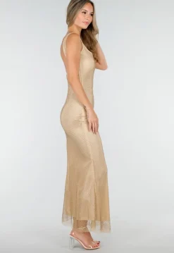 Nude Lange Glitter Jurk met Strass Steentjes en Stretch