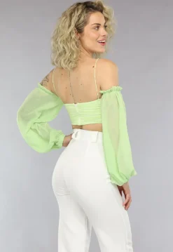 Off Shoulder Chiffon Topje in Lichtgroen