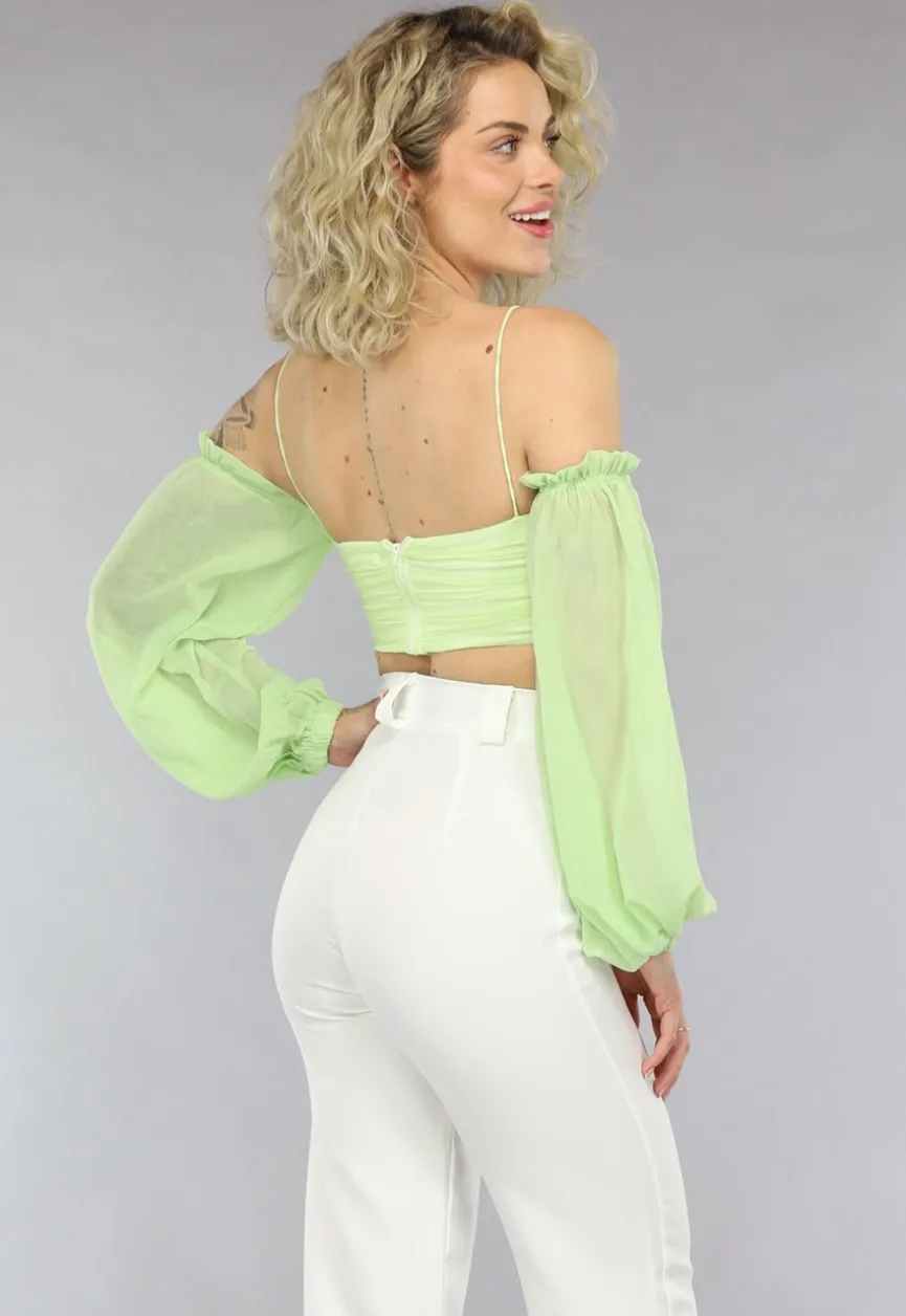 Off Shoulder Chiffon Topje in Lichtgroen