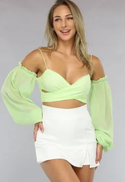 Off Shoulder Chiffon Topje in Lichtgroen