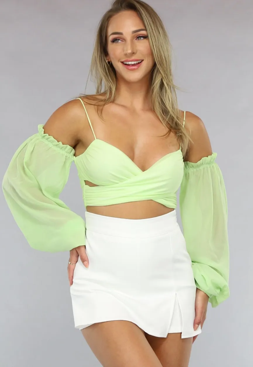 Off Shoulder Chiffon Topje in Lichtgroen