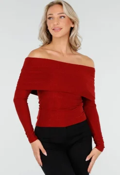 Off Shoulder Glitter Top met Lange Mouwen in Rood