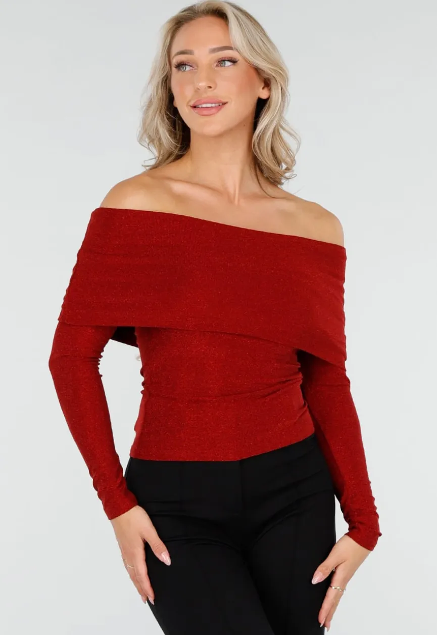 Off Shoulder Glitter Top met Lange Mouwen in Rood