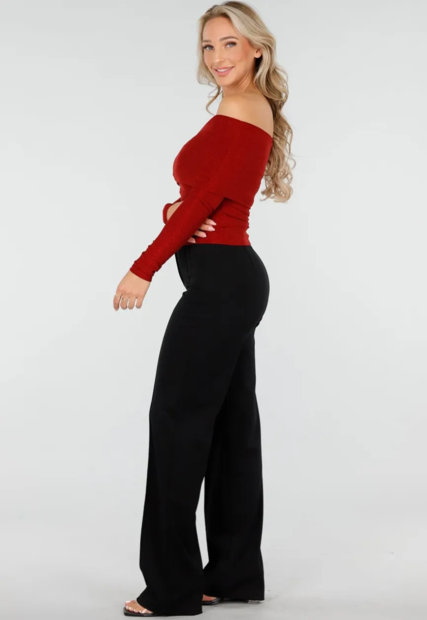 Off Shoulder Glitter Top met Lange Mouwen in Rood