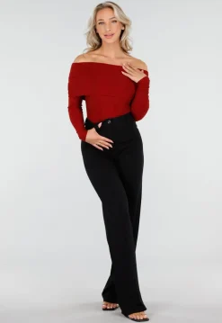 Off Shoulder Glitter Top met Lange Mouwen in Rood