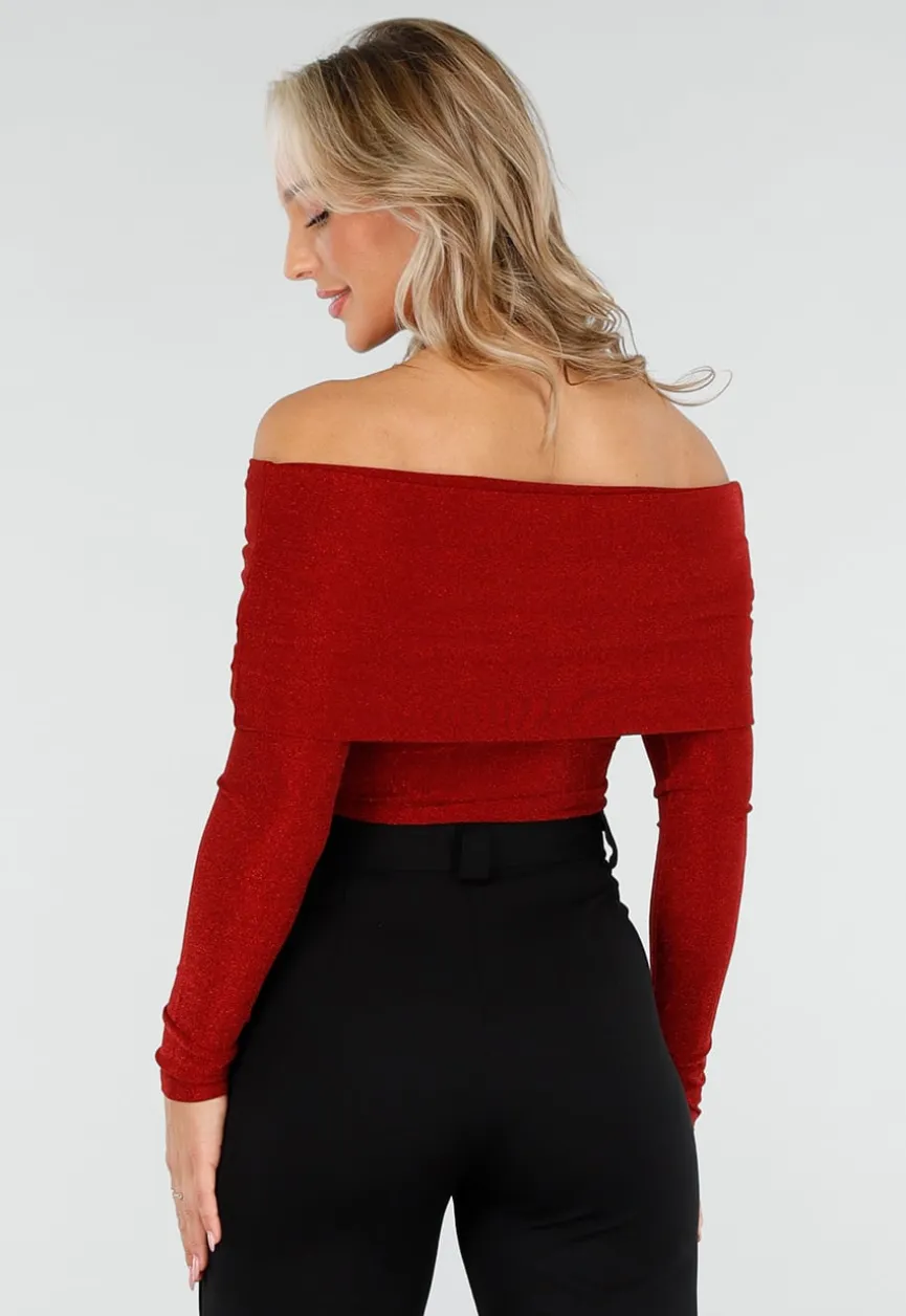 Off Shoulder Glitter Top met Lange Mouwen in Rood