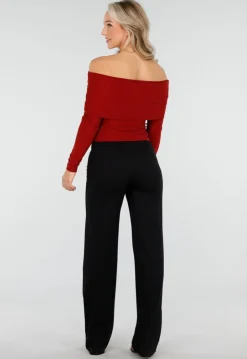 Off Shoulder Glitter Top met Lange Mouwen in Rood