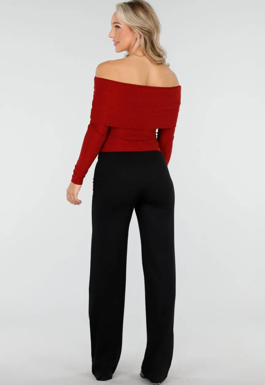 Off Shoulder Glitter Top met Lange Mouwen in Rood