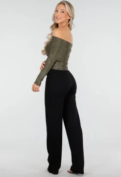 Off Shoulder Glitter Top met Lange Mouwen in Goud