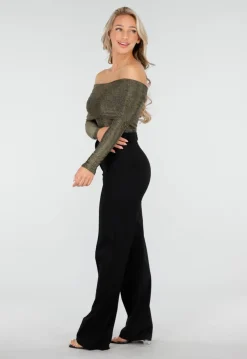 Off Shoulder Glitter Top met Lange Mouwen in Goud