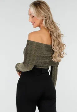 Off Shoulder Glitter Top met Lange Mouwen in Goud