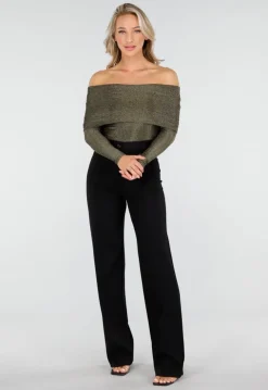 Off Shoulder Glitter Top met Lange Mouwen in Goud
