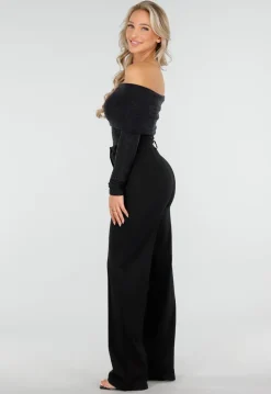 Off Shoulder Glitter Top met Lange Mouwen in Zwart