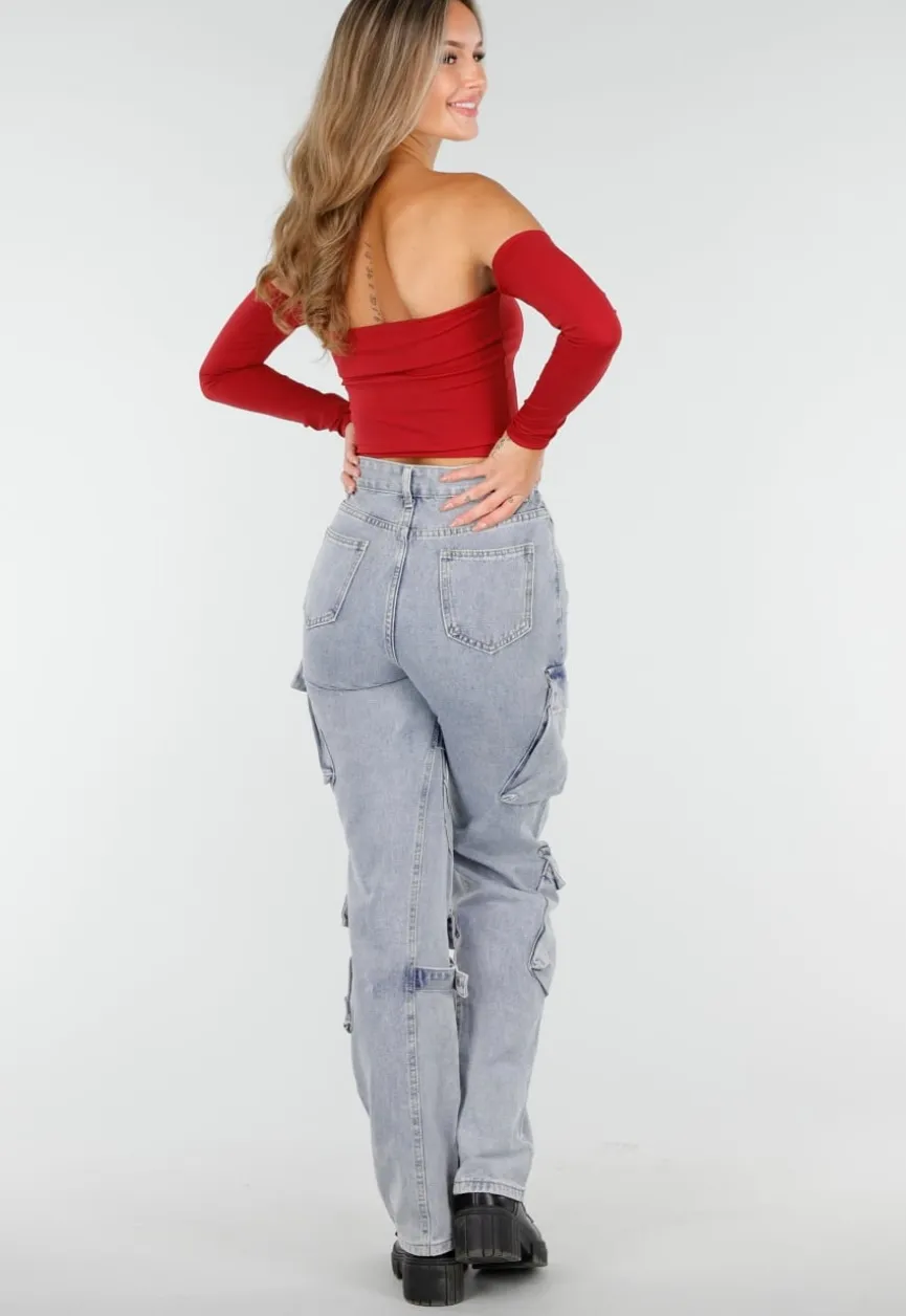 Off Shoulder Top met Lange Mouwen in Rood