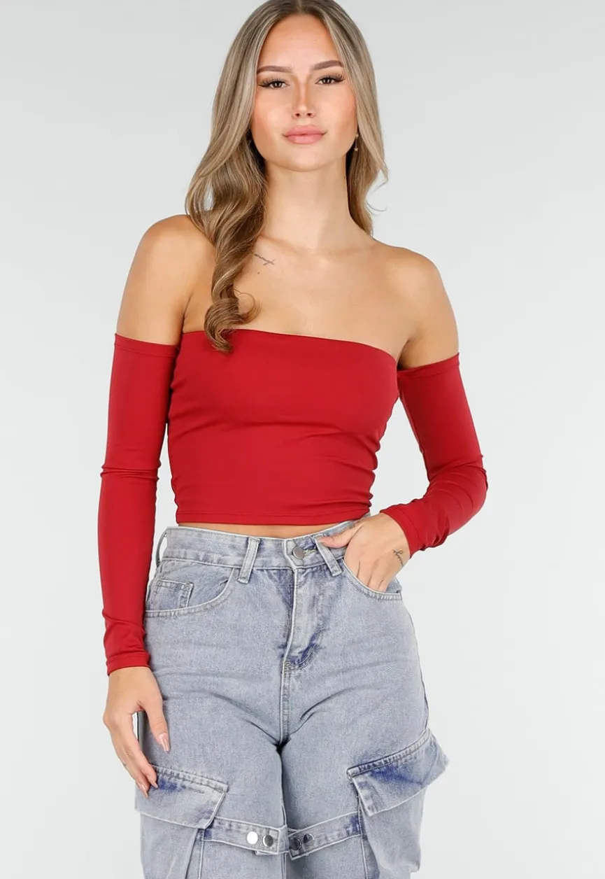 Off Shoulder Top met Lange Mouwen in Rood