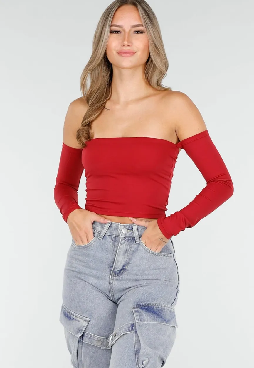 Off Shoulder Top met Lange Mouwen in Rood