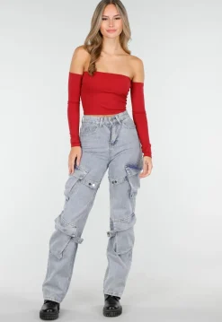 Off Shoulder Top met Lange Mouwen in Rood
