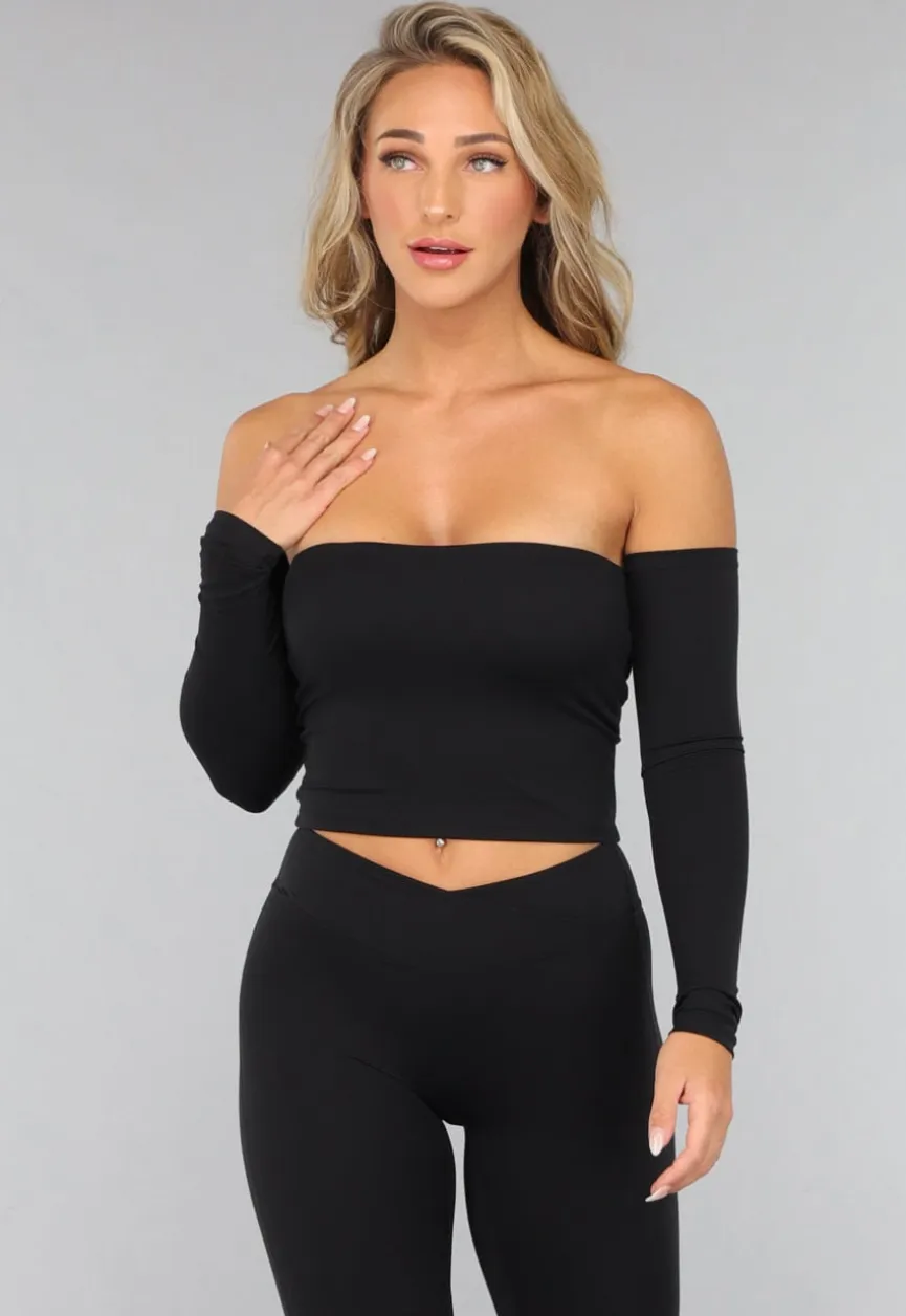 Off Shoulder Top met Lange Mouwen in Zwart