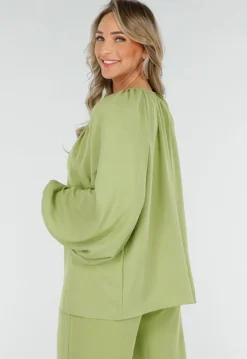 Olijfgroene Blouse met V-hals en Geknoopte Koordjes