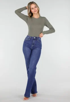 Olijfgroene Body met Lange Mouwen en Stretch