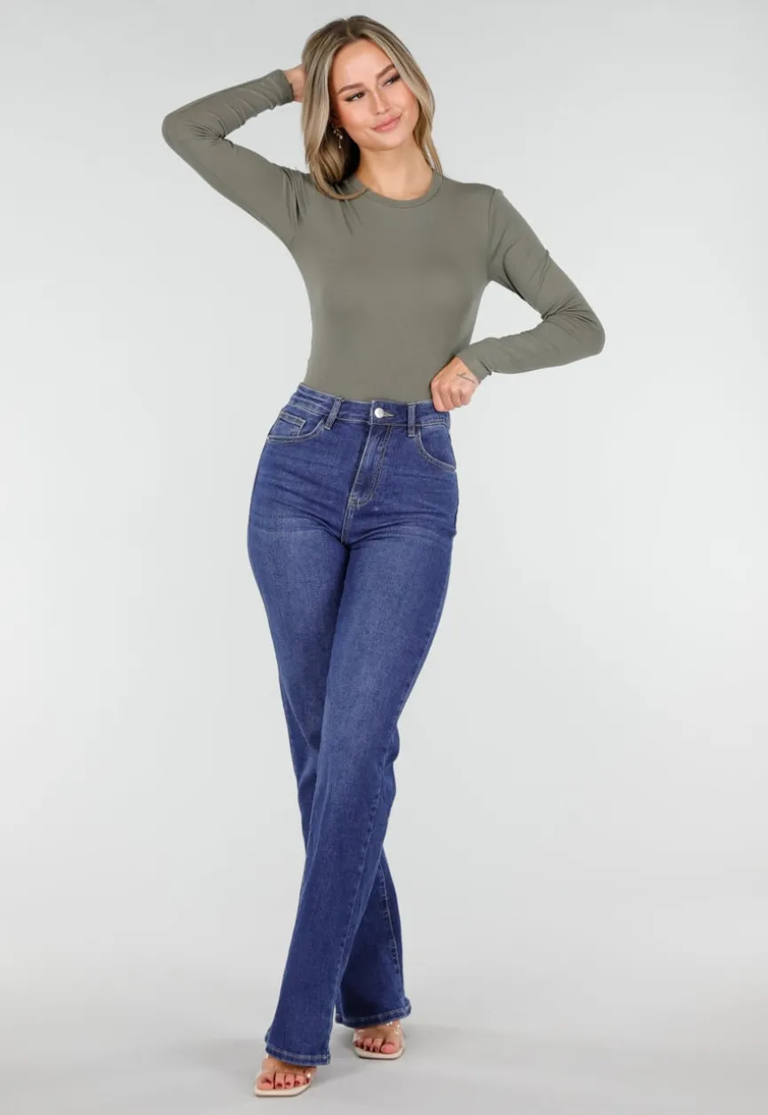 Olijfgroene Body met Lange Mouwen en Stretch