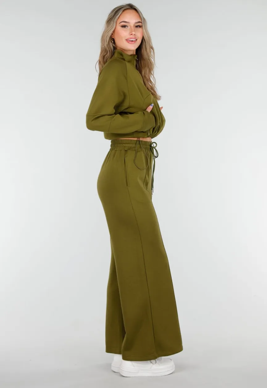 Olijfgroene Cropped Lounge Trui met Halve Rits en Hoge Kraag