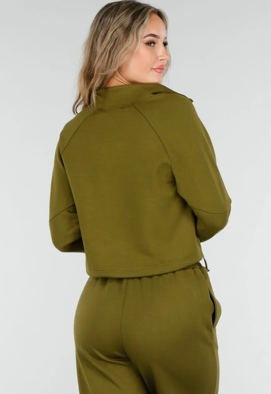Olijfgroene Cropped Lounge Trui met Halve Rits en Hoge Kraag
