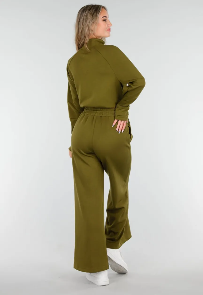Olijfgroene Cropped Lounge Trui met Halve Rits en Hoge Kraag
