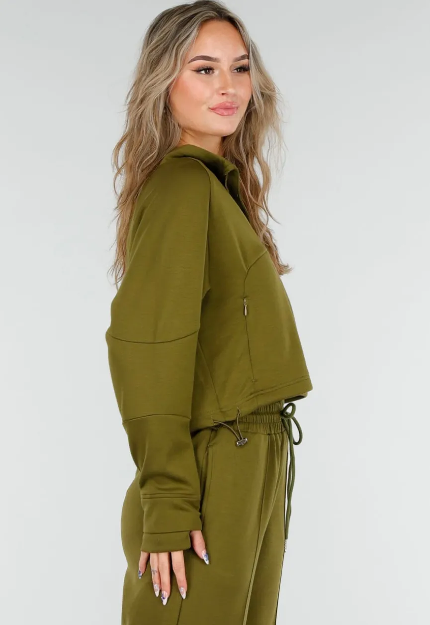 Olijfgroene Cropped Lounge Trui met Halve Rits en Hoge Kraag