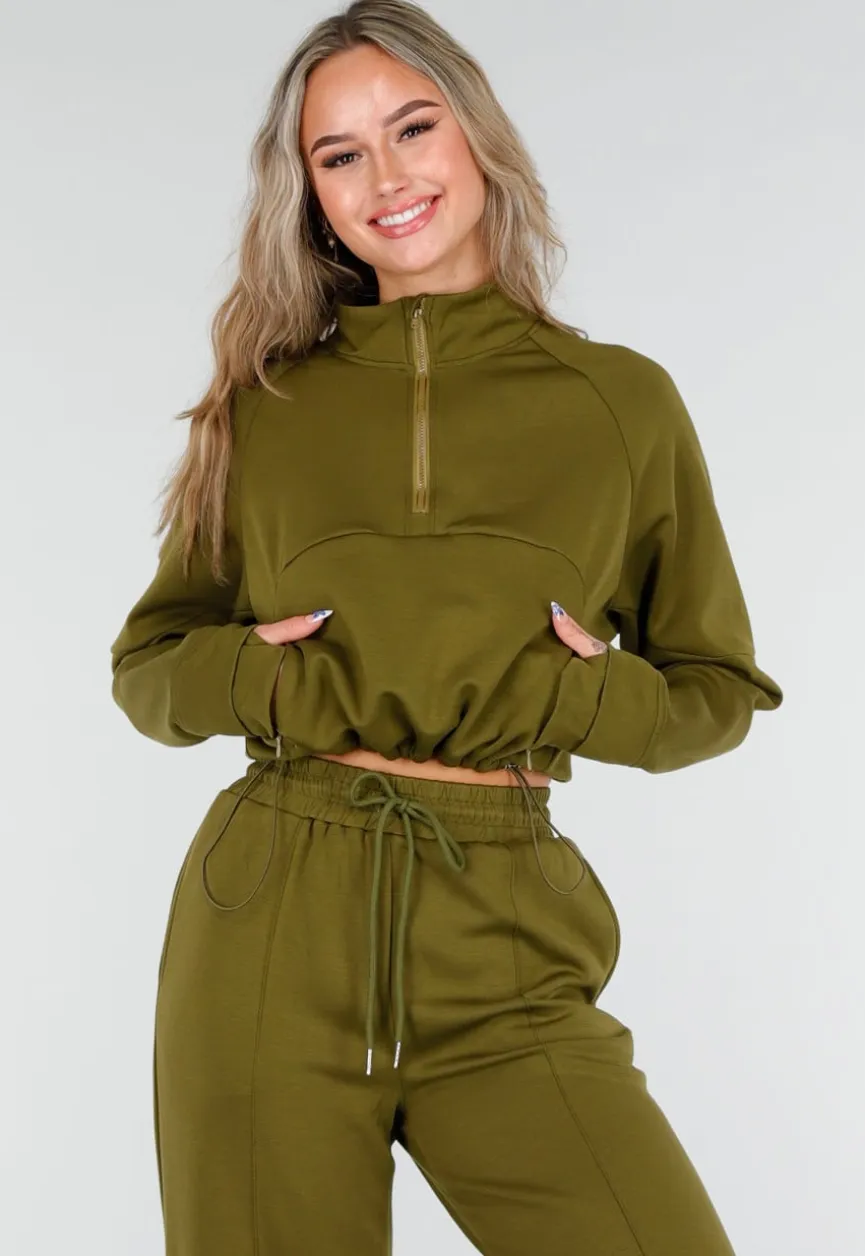 Olijfgroene Cropped Lounge Trui met Halve Rits en Hoge Kraag