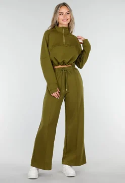 Olijfgroene Cropped Lounge Trui met Halve Rits en Hoge Kraag