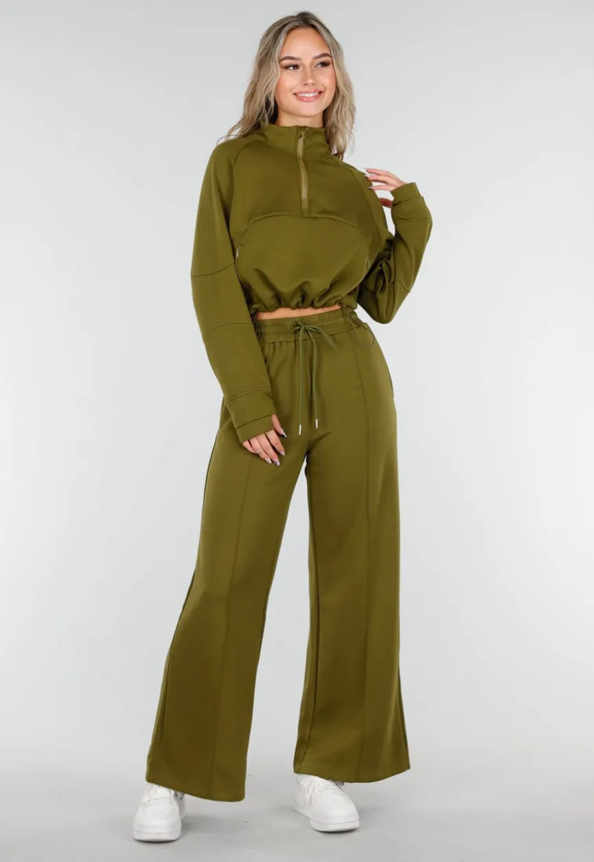 Olijfgroene Cropped Lounge Trui met Halve Rits en Hoge Kraag