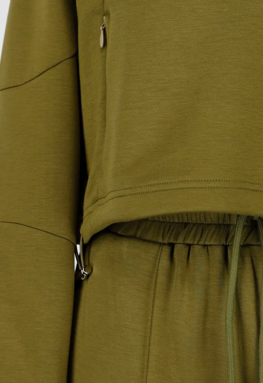 Olijfgroene Cropped Lounge Trui met Halve Rits en Hoge Kraag