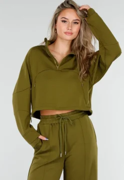 Olijfgroene Cropped Lounge Trui met Halve Rits en Hoge Kraag