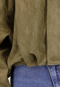 Olijfgroene Oversized Jas van Suède Look met Kraag en Lange Mouwen