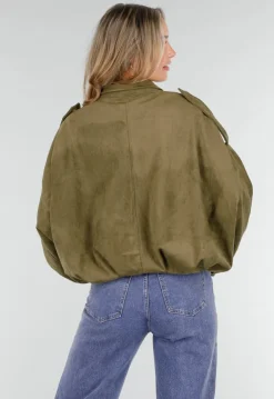 Olijfgroene Oversized Jas van Suède Look met Kraag en Lange Mouwen