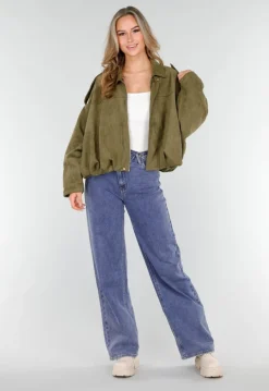 Olijfgroene Oversized Jas van Suède Look met Kraag en Lange Mouwen