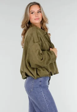 Olijfgroene Oversized Jas van Suède Look met Kraag en Lange Mouwen