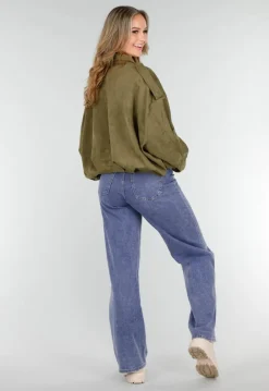 Olijfgroene Oversized Jas van Suède Look met Kraag en Lange Mouwen