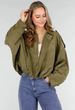 Olijfgroene Oversized Jas van Suède Look met Kraag en Lange Mouwen