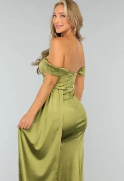 Olijfgroene Satijnen Off Shoulder Galajurk met Split