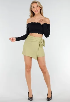 Olijfgroene Skort met Overslag en Strikdetail in Linnenlook Stof
